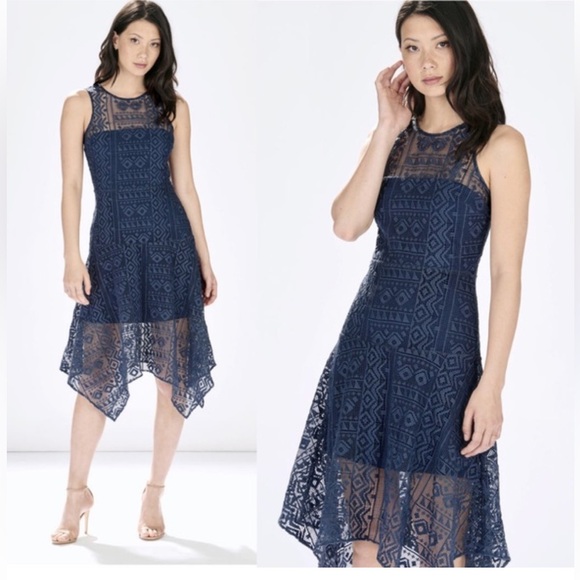 Parker Dresses & Skirts - Parker Melissa Navy Blue Geometric Knit Crochet Sleeveless Handkerchief Dress M